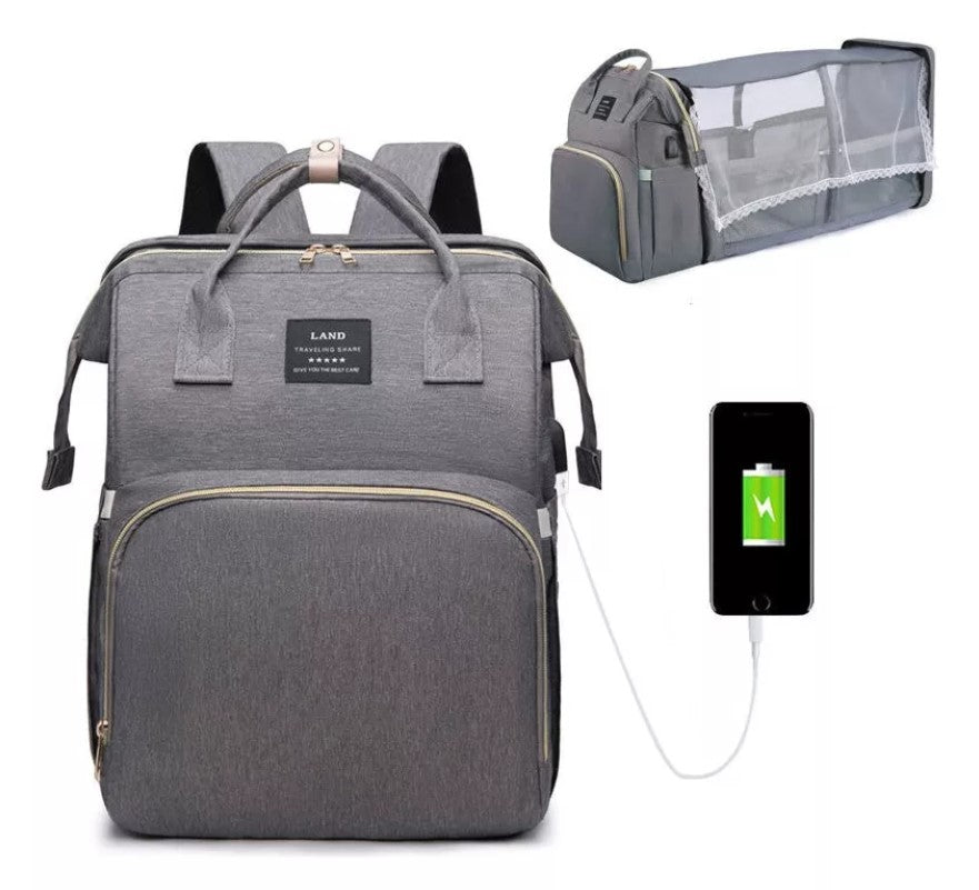 Mochila Pañalera Cuna mudador 3en1 Gris
