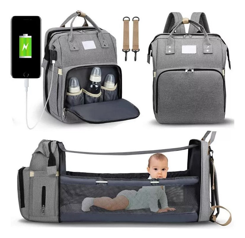 Mochila Pañalera Cuna mudador 3en1 Gris